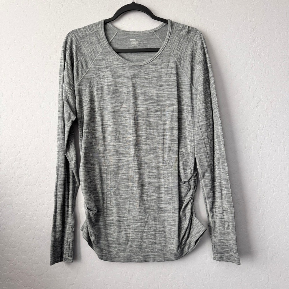 Athleta Large Momentum Ruched Top Gray Long Sleeve Seamless Space Dye Thumbholes
